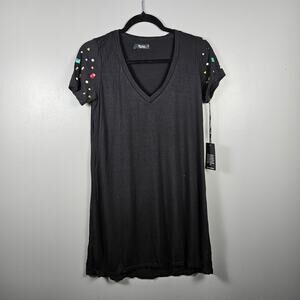 Michael Lauren Black V Neck Mini Dress XS Short Sleeve Stretch Jewel‎ Detail NWT